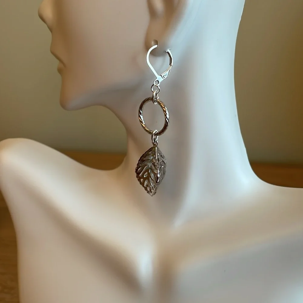 HAND CRAFTED EARRINGS Silver Dangling Leaves Hoop Earrings